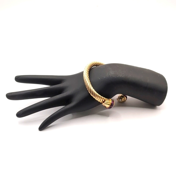 Vintage Gold-Tone Cuff Bracelet Twisted Rope Detail with Rhinestone Covered Caps - Picture 5 of 7